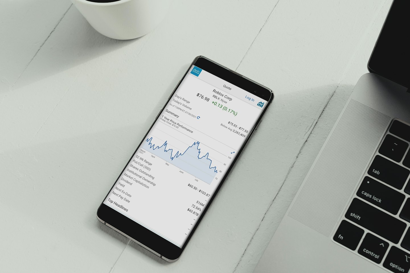 Smartphone showing Roblox stock details on a wooden desk.