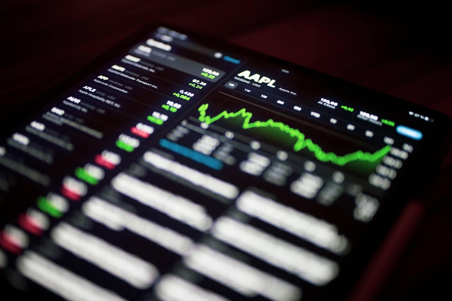 Smartphone screen shows stock market data with a green graph.